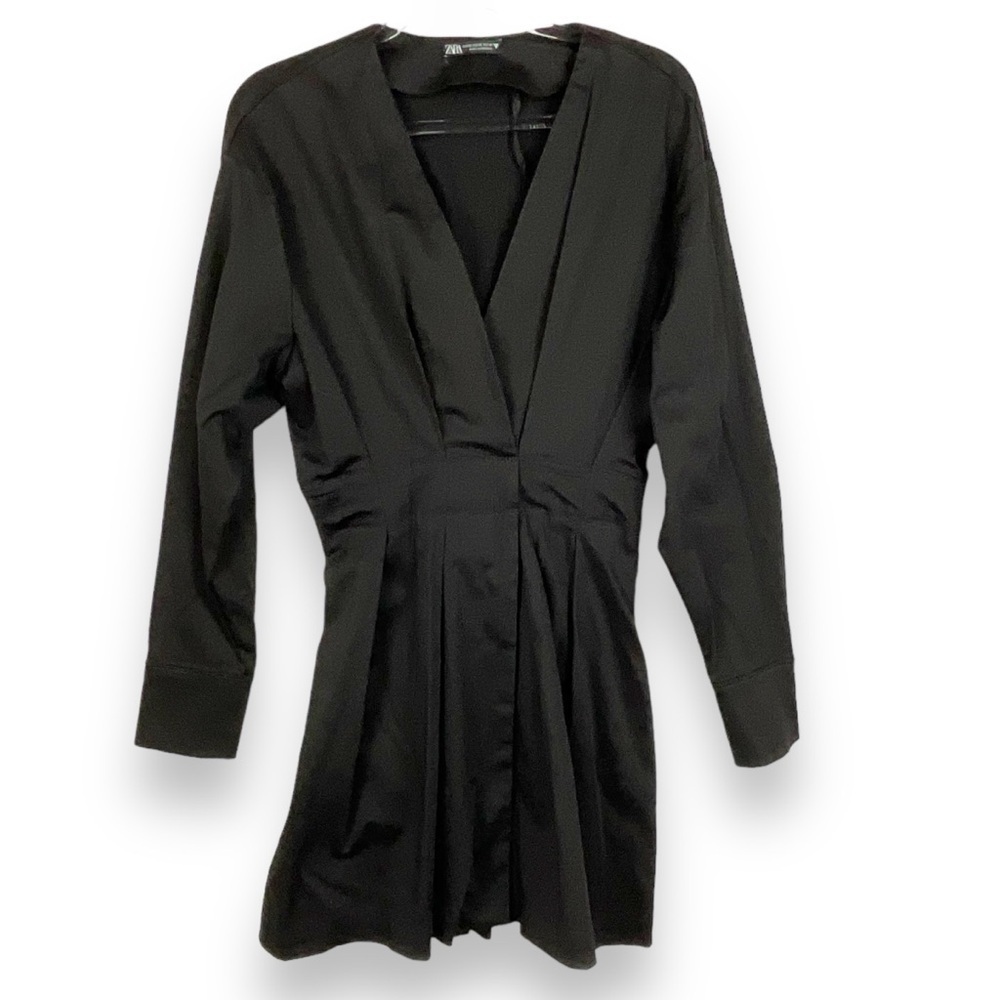 Zara Dress‎ Poplin Mini Wrap Longsleeve Pleated Black Cocktail Size XS NWOT - Picture 2 of 12